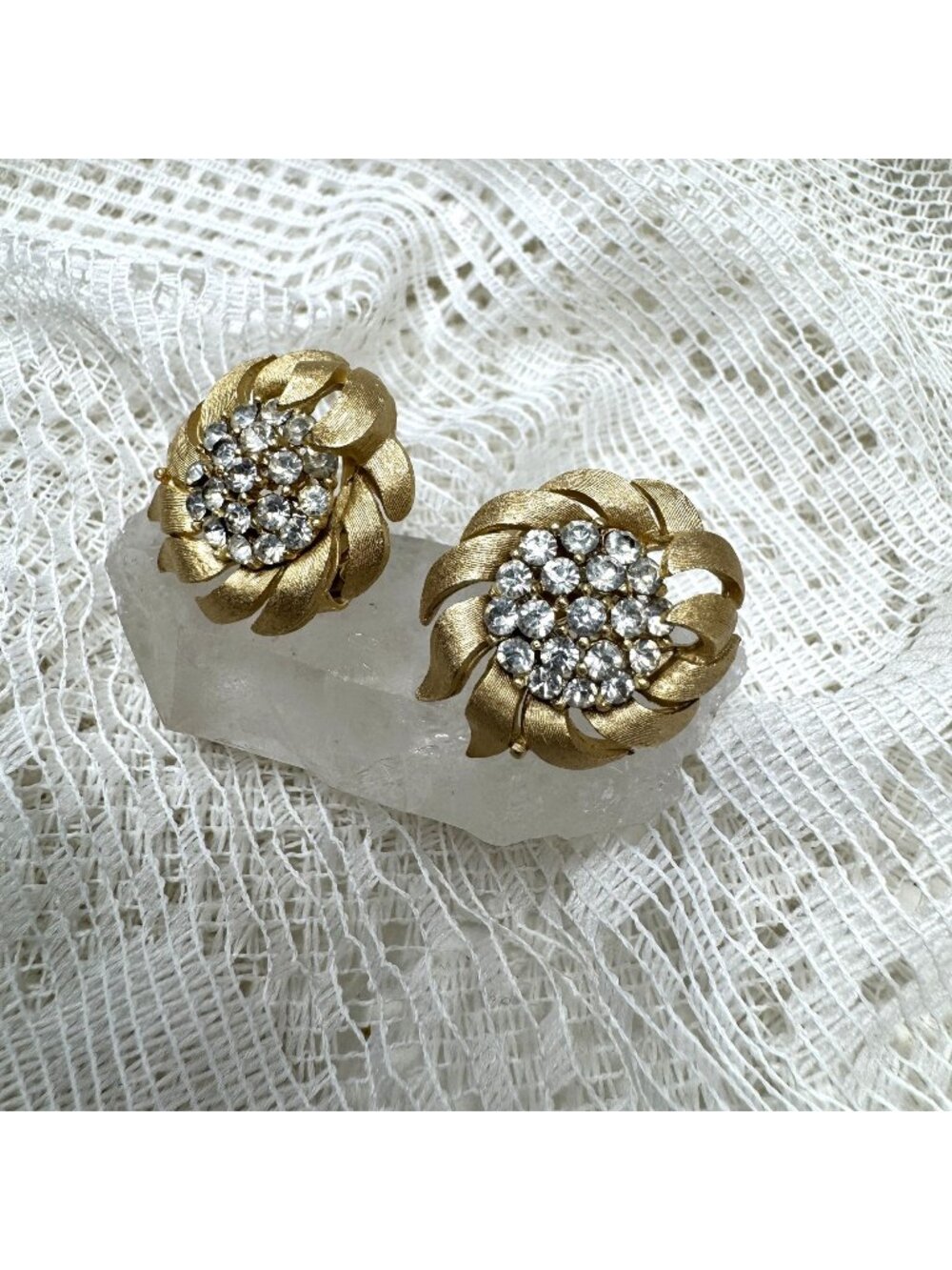 Vintage Trifari Gold-Tone Clip-On Earrings With Rhinestone Cluster Floral Design